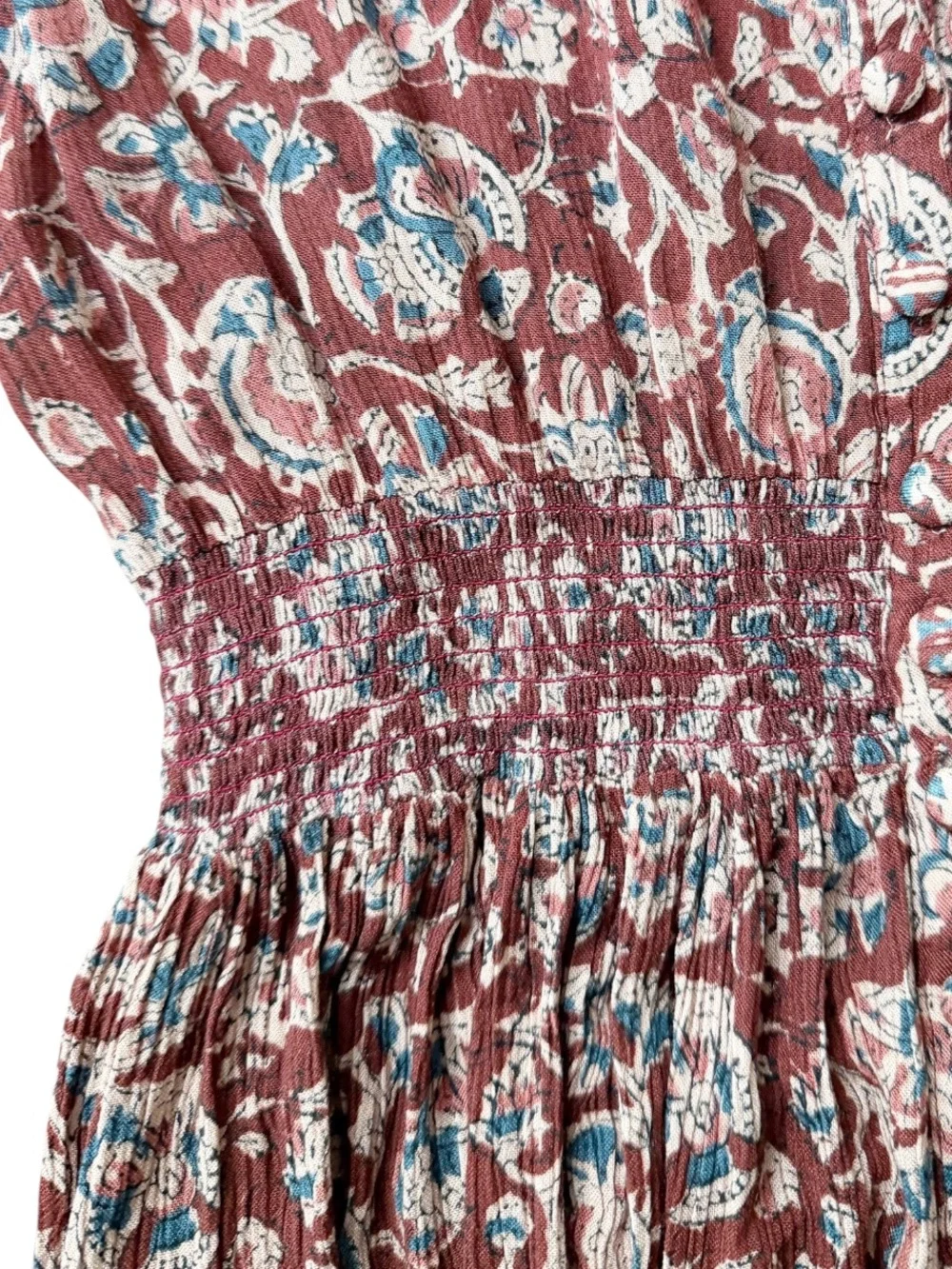 Faherty Montara Blouson Boho Floral Paisley Smocked Waist Mini Dress Size XS